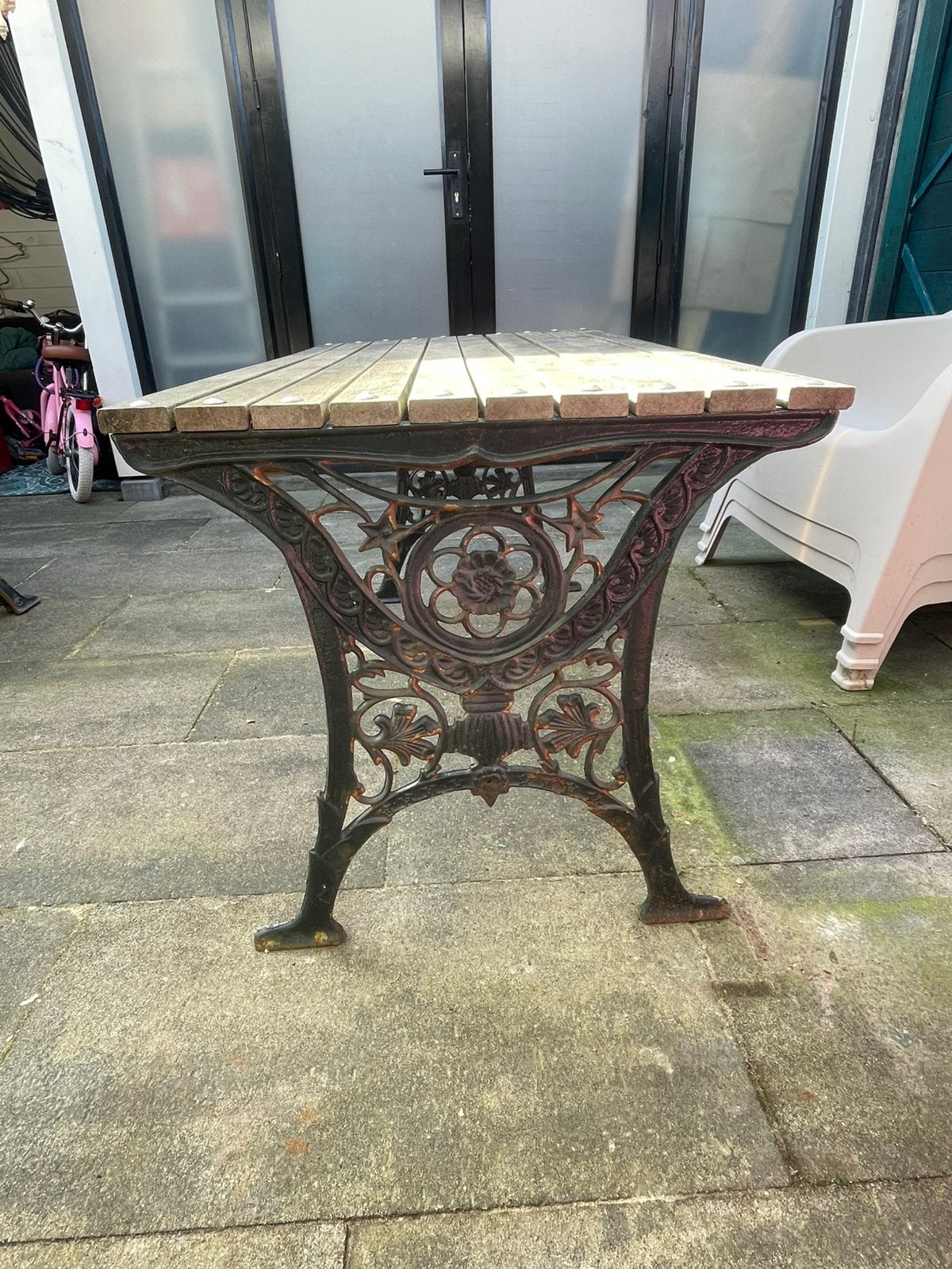 Gietijzeren tuintafel (nog beschikbaar), Tuin en Terras, Tuintafels, Ophalen, Gebruikt, Rechthoekig, Metaal