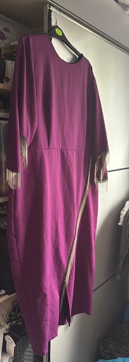 Paarse jurk met slierten maat 48 zgan!, Paars, Maat 46/48 (XL) of groter, Ophalen of Verzenden, Zo goed als nieuw