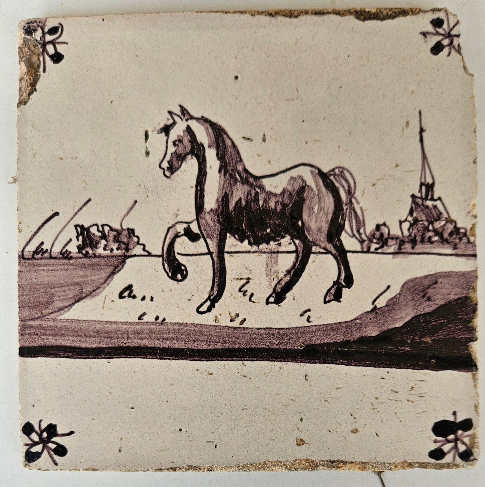 Antieke Hollandse tegel met paard, 17e/18e eeuw, Antiek en Kunst, Antiek | Wandborden en Tegels, Ophalen of Verzenden