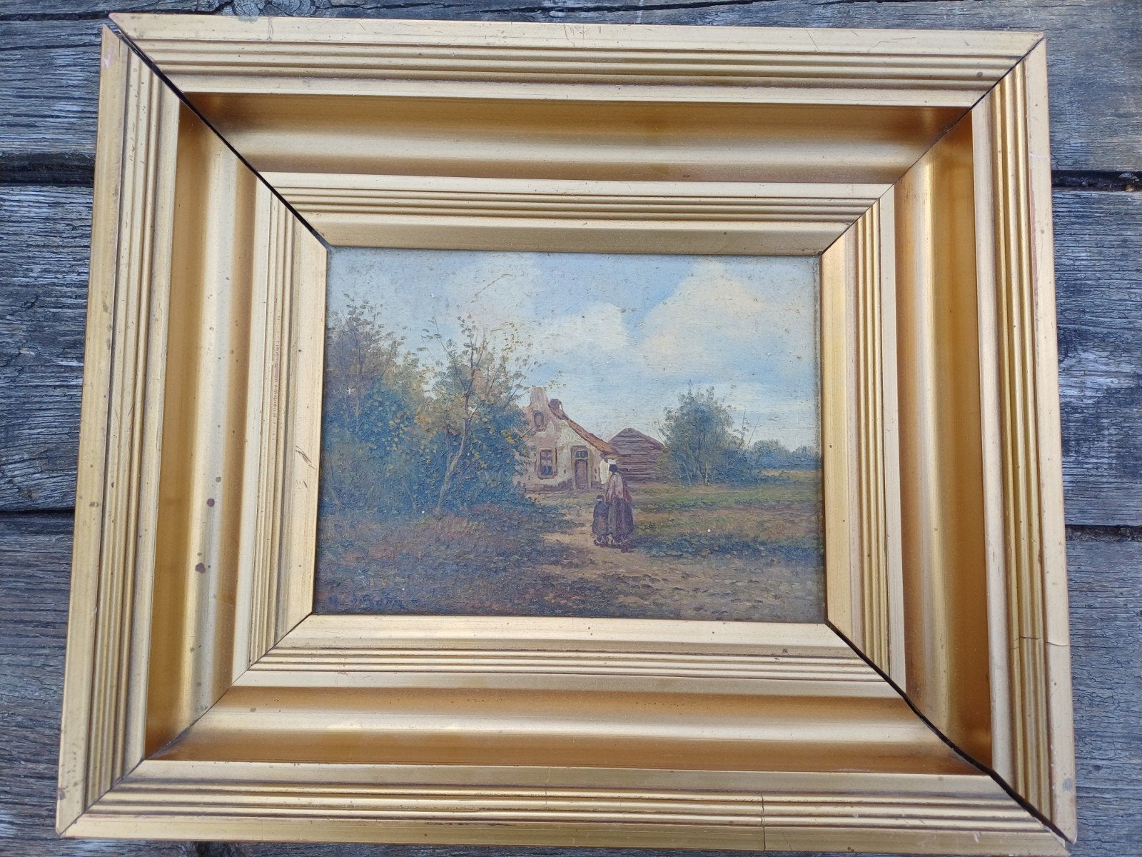 Oud schilderijtje met landschap en huisje, gesigneerd, Paneel, Ophalen of Verzenden, Landschap, Olieverf