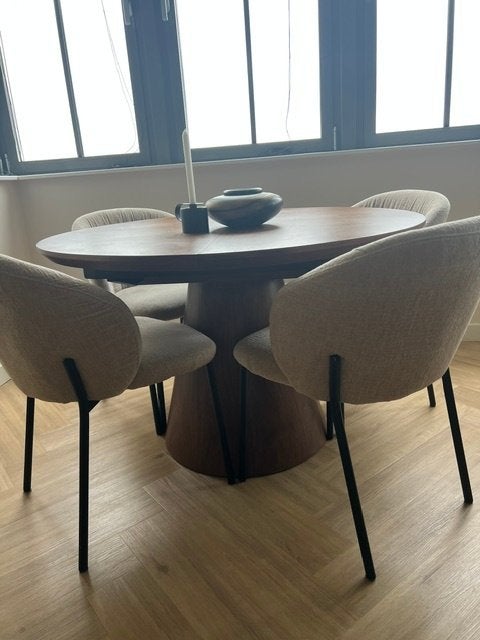 4 eetstoel eetkamerstoel japandi warm beige chenille stof, Ophalen, Overige kleuren, Zo goed als nieuw, Vier