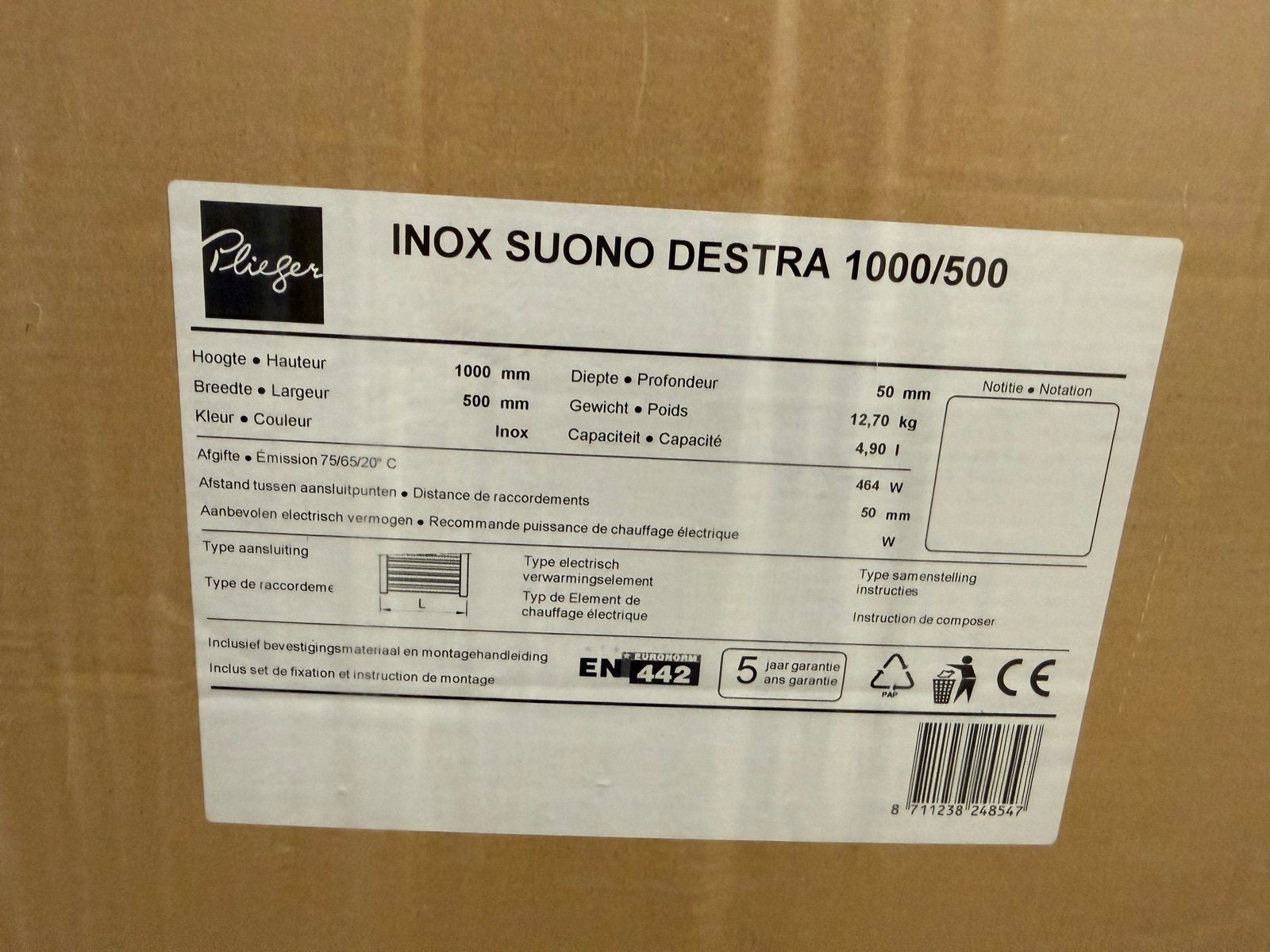 Plieger Inox Suono Destra 1000/500 Designradiator, Ophalen, Radiator, Nieuw, Minder dan 60 cm