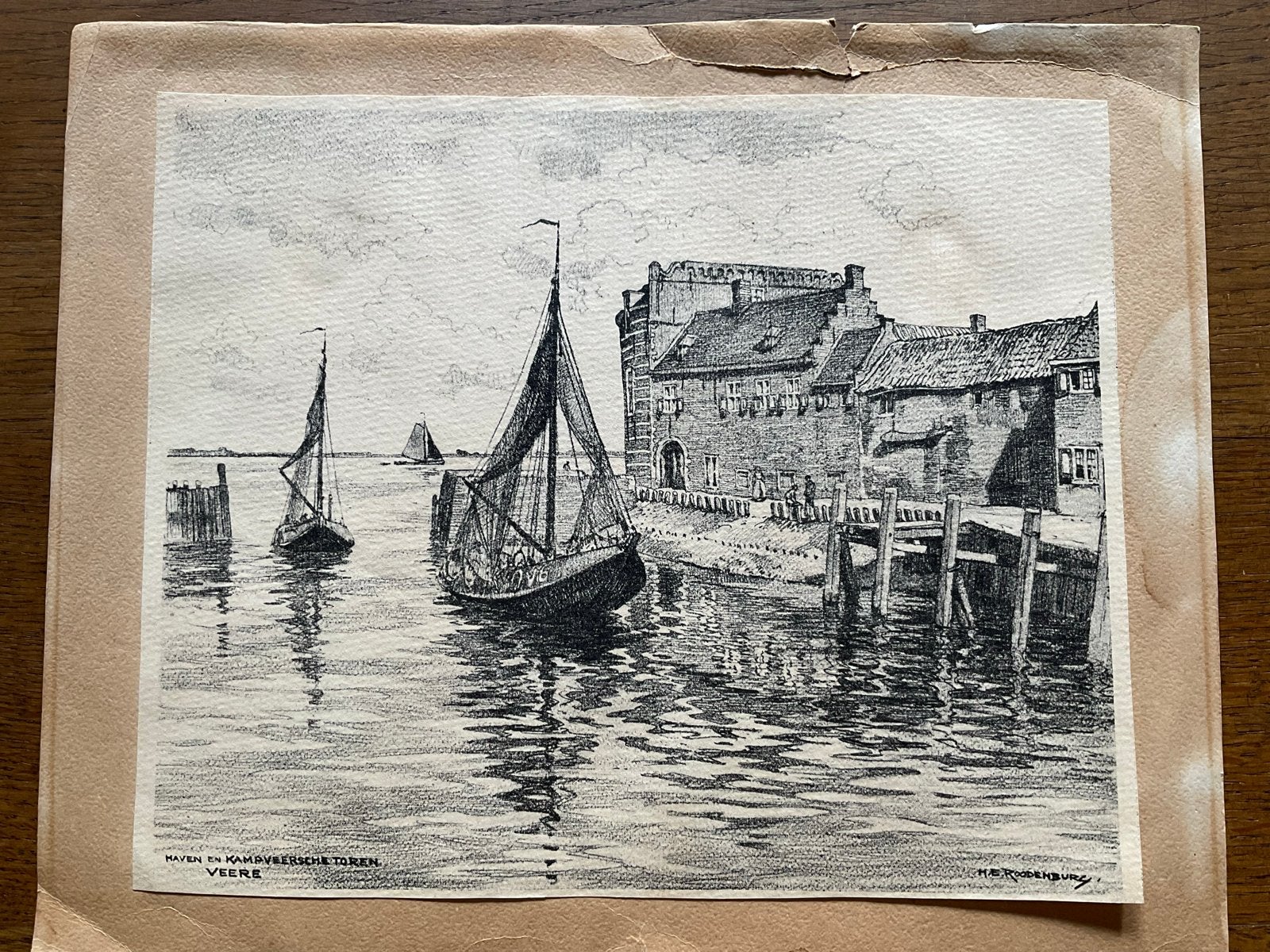 Ets Veere Haven en Kampveersche Toren - H.E. Roodenburg, Antiek en Kunst, Ophalen of Verzenden, Tekening, Potloodtekening, Gesigneerd