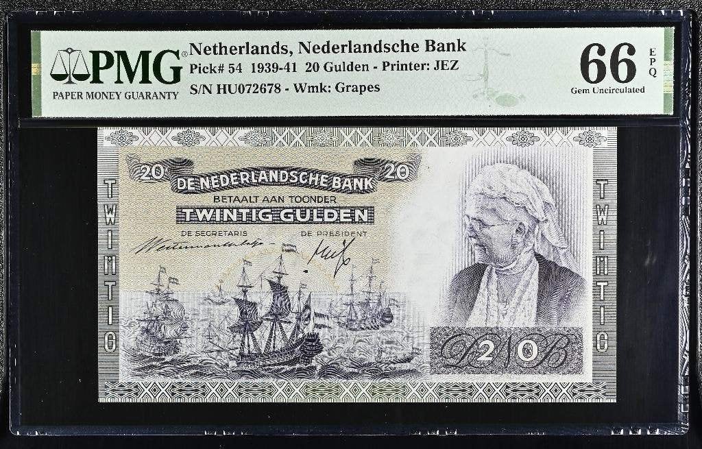 UNC biljet 20 gulden Emma, 1941 | PMG 66 EPQ, Ophalen of Verzenden, 25 gulden
