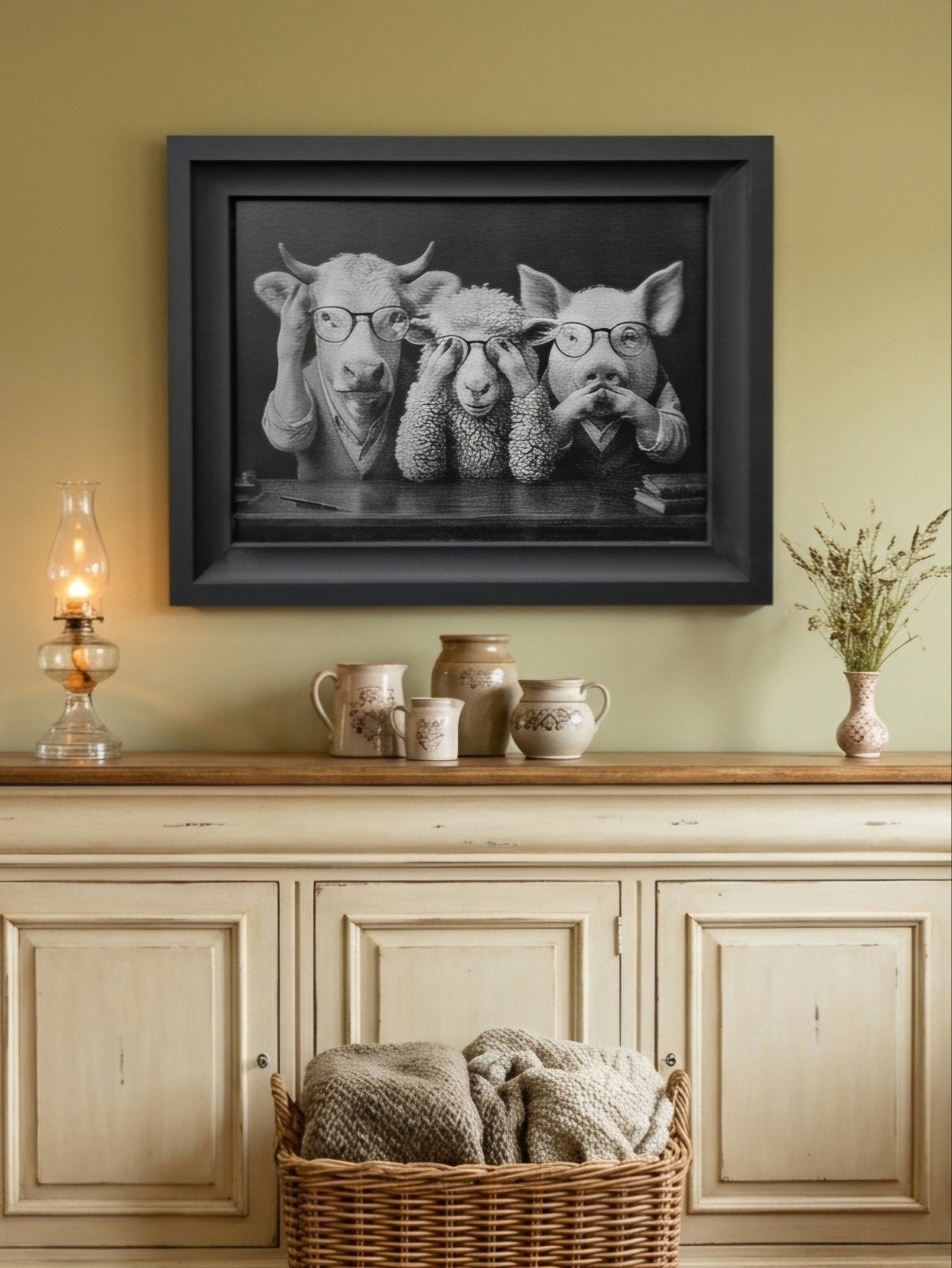 Schilderij Horen Zien Zwijgen - Boerderijdieren (48x38cm), Huis en Inrichting, Minder dan 50 cm, Oorspronkelijke maker, Nieuw