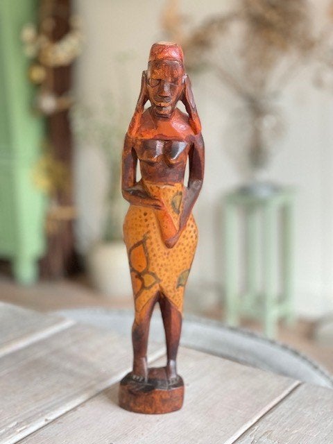 Vintage houten beeld vrouw Afrika/ Kenia. Maasai stijl., Bruin, Afrika, Handgemaakt, 32 cm