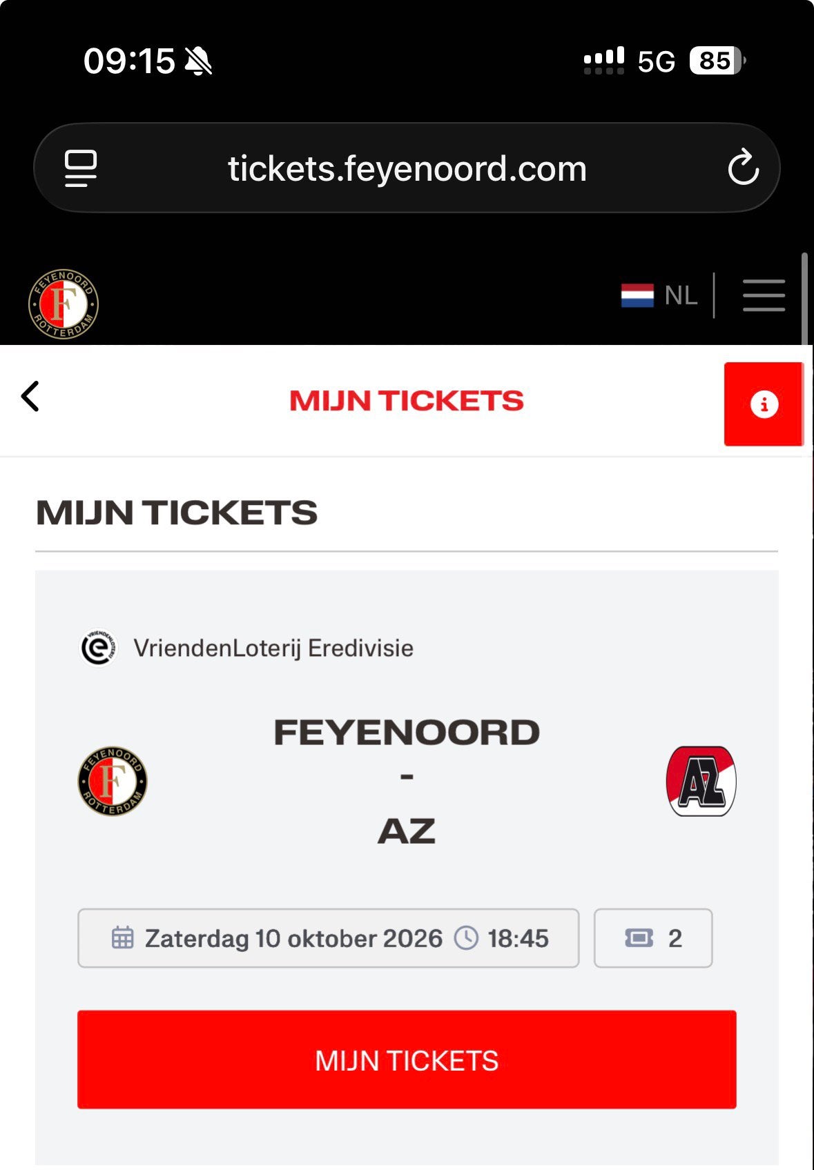 Feyenoord Az gele zijde vak RR, Tickets en Kaartjes, Twee personen
