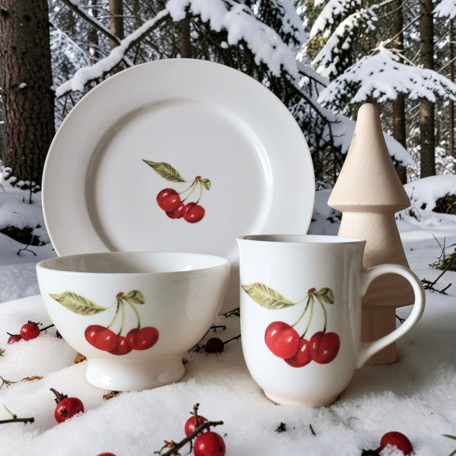 4 Persoons 12-Delig Ontbijt Servies Jet Cherry Servies, Landelijk/Boerenbont, Ophalen of Verzenden, Zo goed als nieuw, Compleet servies