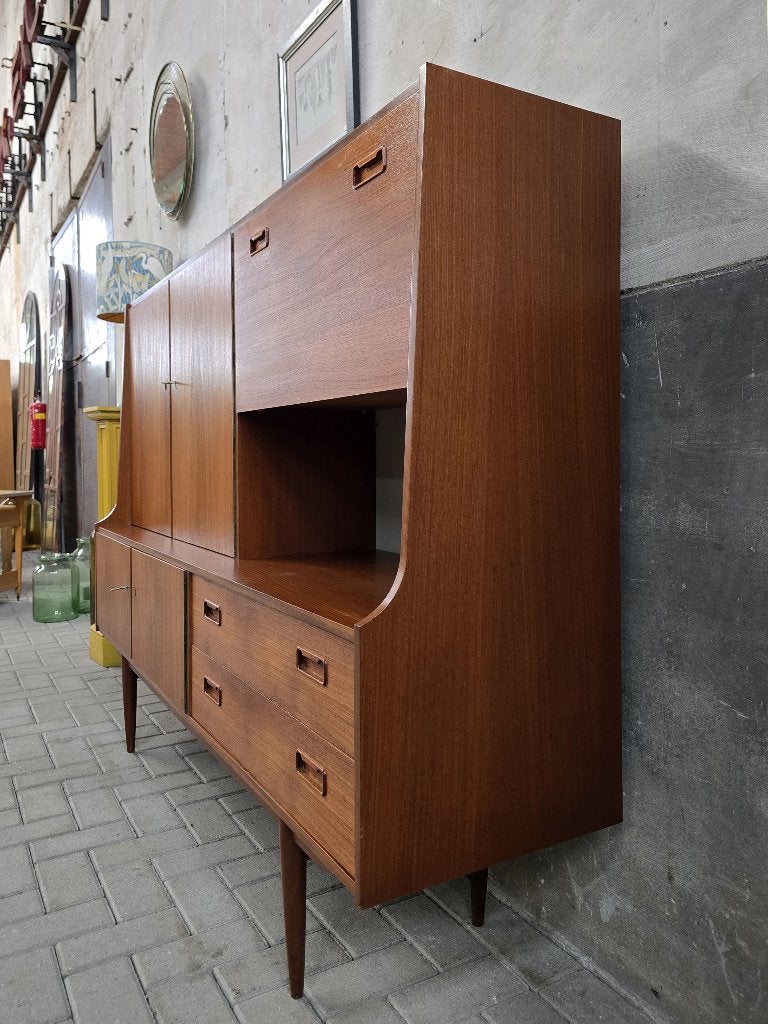 Mid Century Design Wand Kast Teak Vintage Jaren 60 Dressoir, Gebruikt, 100 tot 150 cm, 150 tot 200 cm, Ophalen of Verzenden