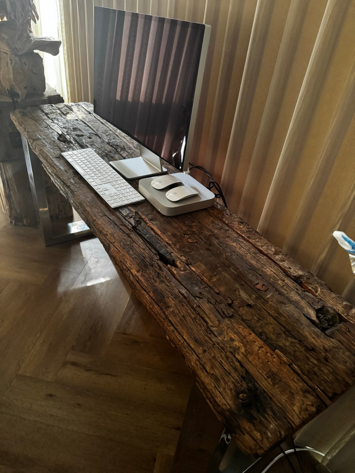 Uniek robuust houten sitetable met metalen poten, Ophalen, Zo goed als nieuw, 150 tot 200 cm, 25 tot 50 cm