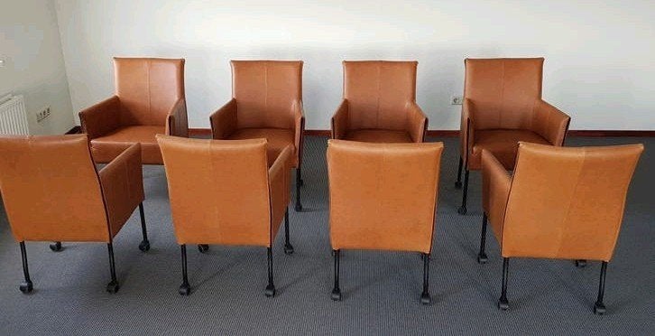 8 Comfortabele Design eetkamerstoelen Bruin Leer, wielen, Bruin, Nieuw, Ophalen of Verzenden, Vijf, Zes of meer stoelen