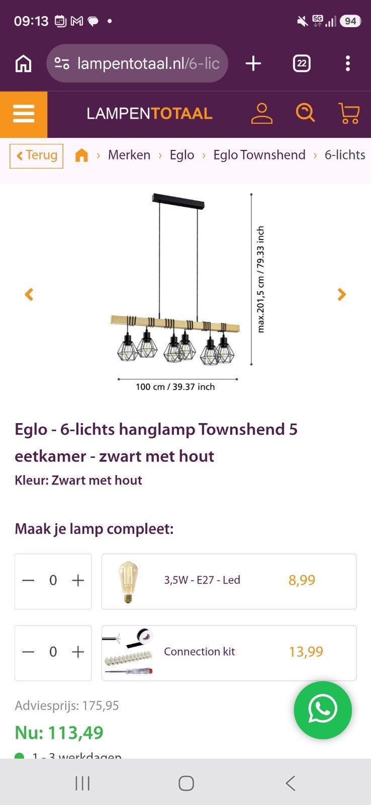 EGLO Townshend 5 Hanglamp Zwart met Hout - 6-lichts, Ophalen, Nieuw, Industrieel, Modern, 75 cm of meer