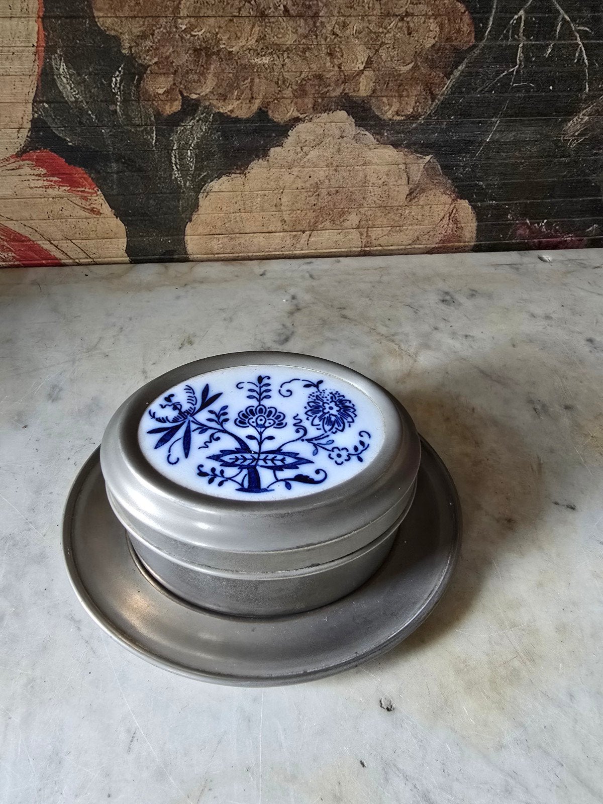antiek tinnen koektrommeltje zwiebelmuster, Ophalen of Verzenden