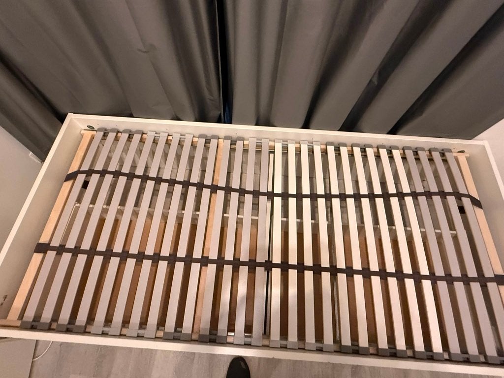 Bedframe BRIMNES bedfr+opbla 90x200 wit/LÖNSET, Ophalen, 90 cm, Eenpersoons, Wit
