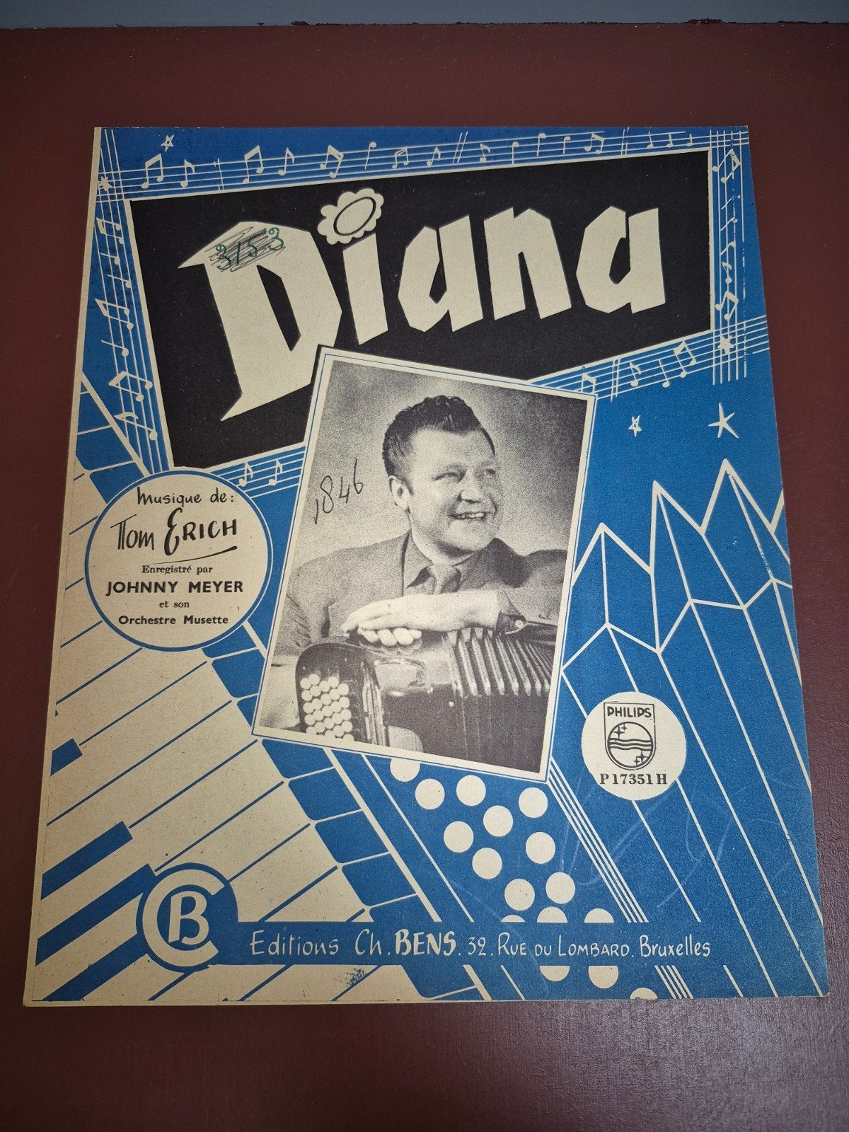 Vintage bladmuziek "Diana" door Tom Erich - Johnny Meyer, Gebruikt, Ophalen of Verzenden, Accordeon, Artiest of Componist