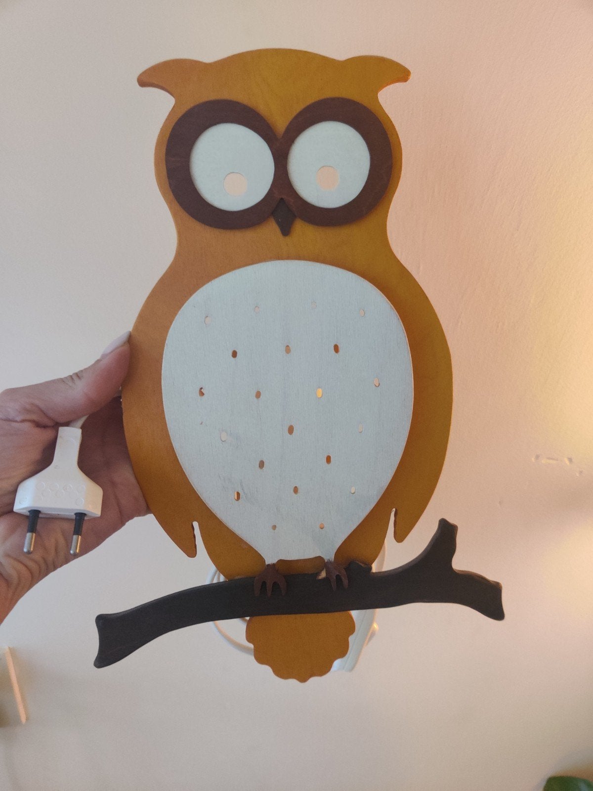 Leuke houten uil wandlamp - De Noest - Nachtlampje, Met snoer/stekker, Gebruikt, Bruin, Overige fittingen