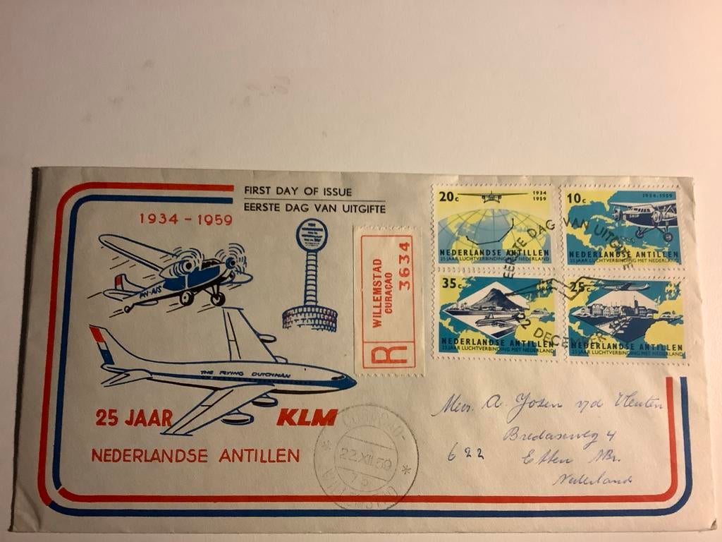 FDC KLM 25 Jaar Nederlandse Antillen, Postzegels en Munten, Postzegels | Eerstedagenveloppen, Ophalen of Verzenden