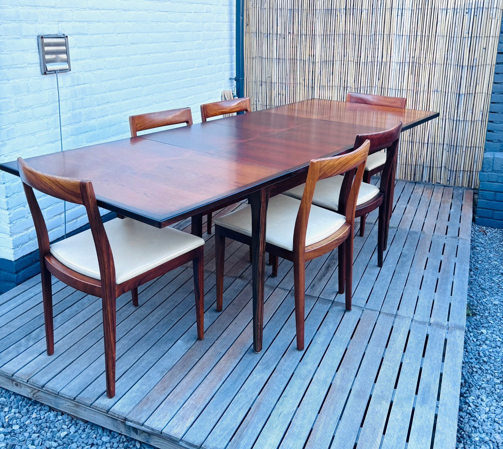 Deense Vintage Palissander Eettafel, Uitschuifbaar,6 stoelen, Ophalen, Zo goed als nieuw, Vintage, 4 tot 6 stoelen