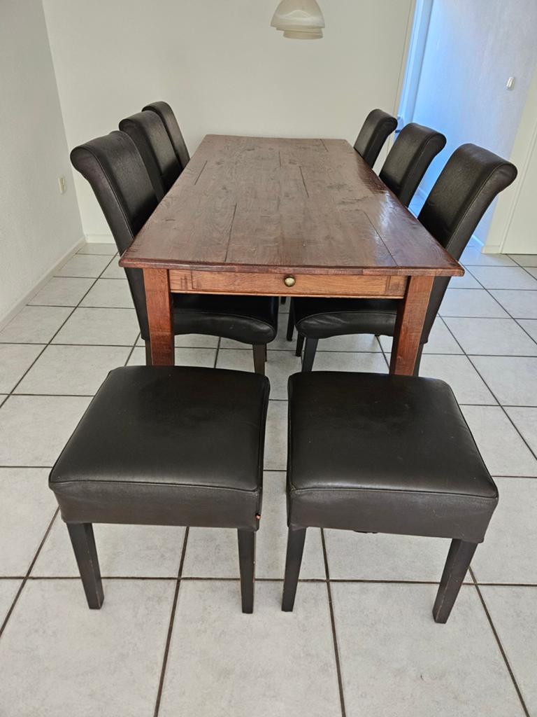 Teakhouten eettafel met 6 leren stoelen en 2 krukken, Ophalen