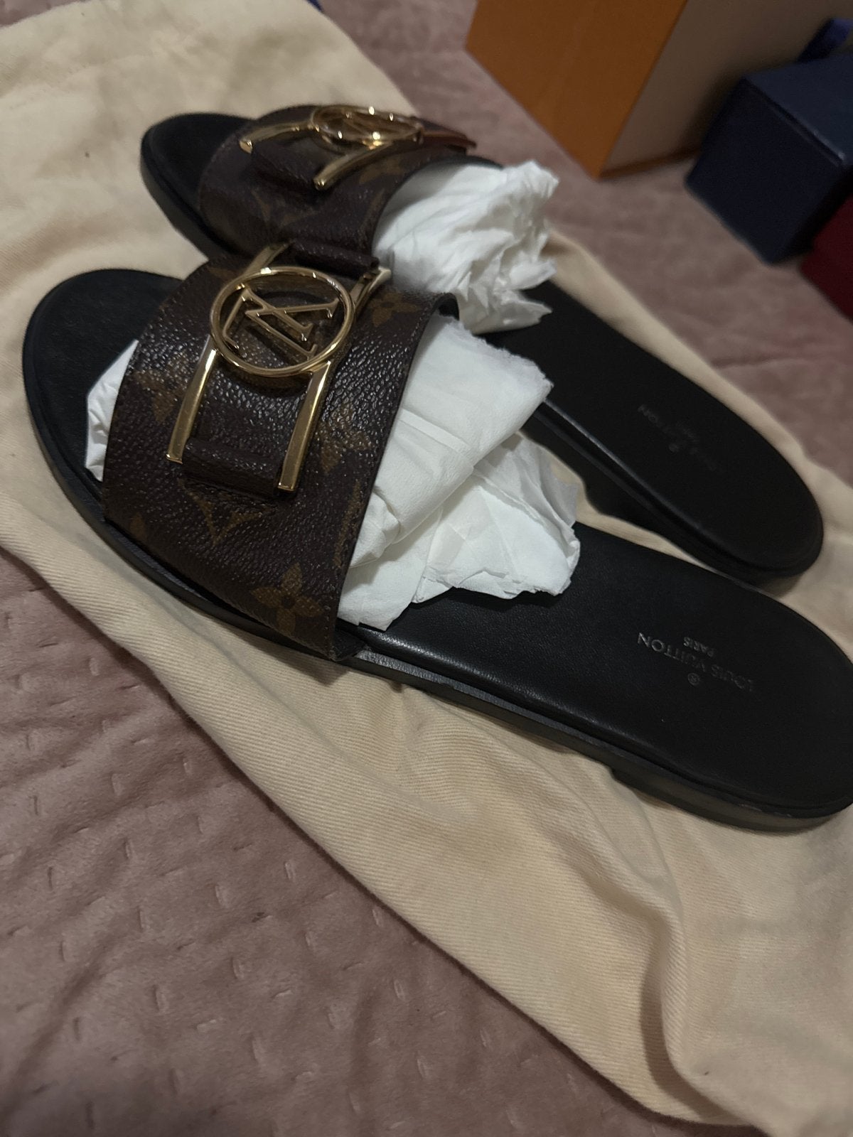 Originele Louis Vuitton dames slippers maat 37, Ophalen of Verzenden, Gedragen, Bruin, Slippers
