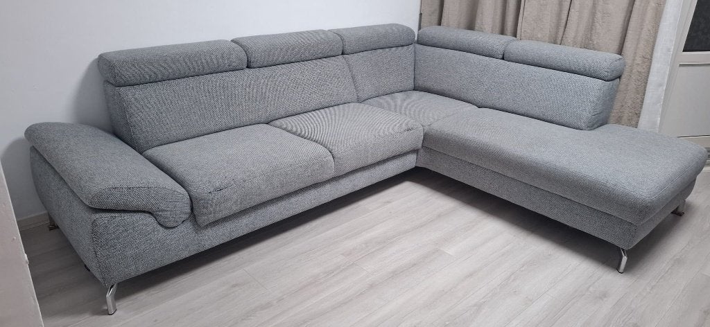 Montèl Urban hoekbank – Grijs – Verstelbare hoofdsteunen, Ophalen, 250 tot 300 cm, Gebruikt, Hoekbank
