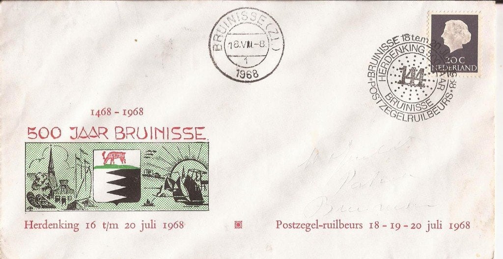 BRUINISSE 1968 speciale envelop + stempel 500 jaar BRUINISSE, Ophalen of Verzenden, 1960 tot 1980, Ongelopen, Zeeland
