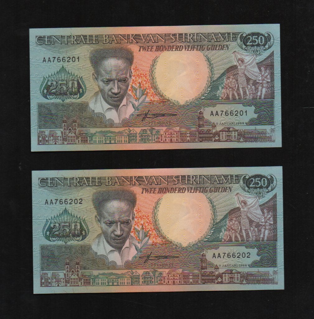 Setje 250 Gulden Bankbiljetten 1988 UNC opéénvolgend nummer, Postzegels en Munten, Bankbiljetten | Amerika, Ophalen of Verzenden