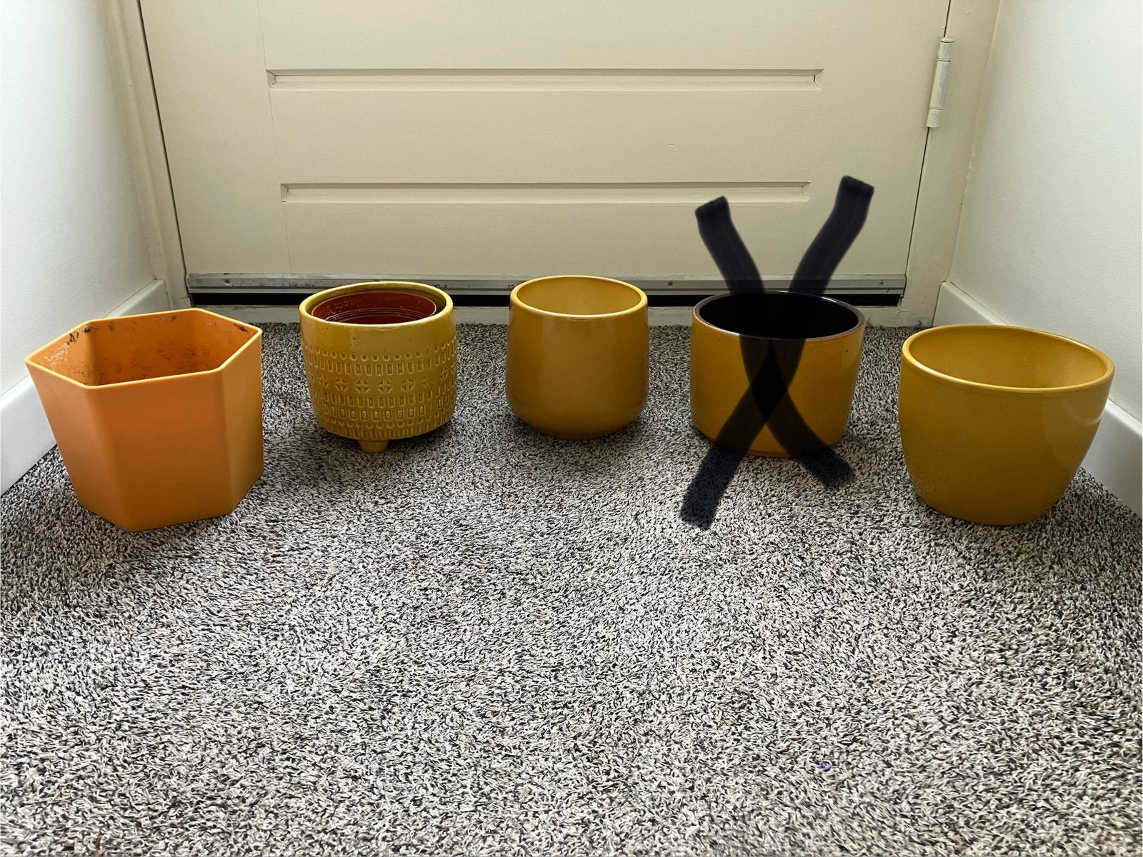 4 leuke, gele bloempotten, Tuin en Terras, Ophalen, Gebruikt, Rond, Binnen