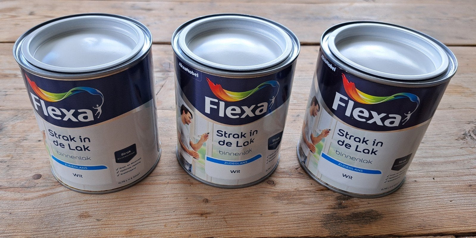 3x Flexa Strak in de Lak Binnenlak Zijdeglans Wit 0.75L, Wit, Nieuw, Ophalen of Verzenden, Lak