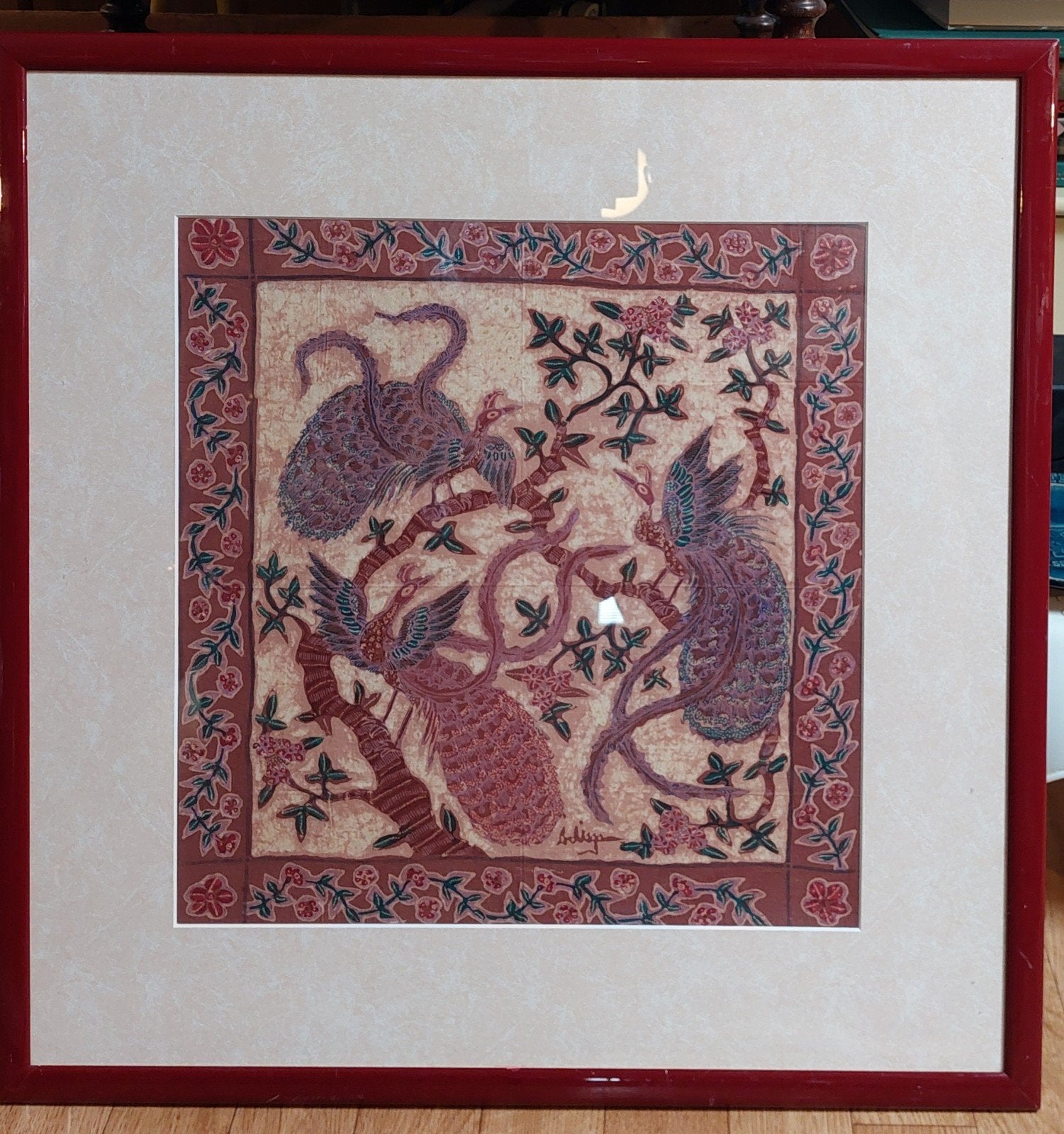 Batik kunstwerk in lijst achter glas gesigneerd ADISGA, Ophalen of Verzenden