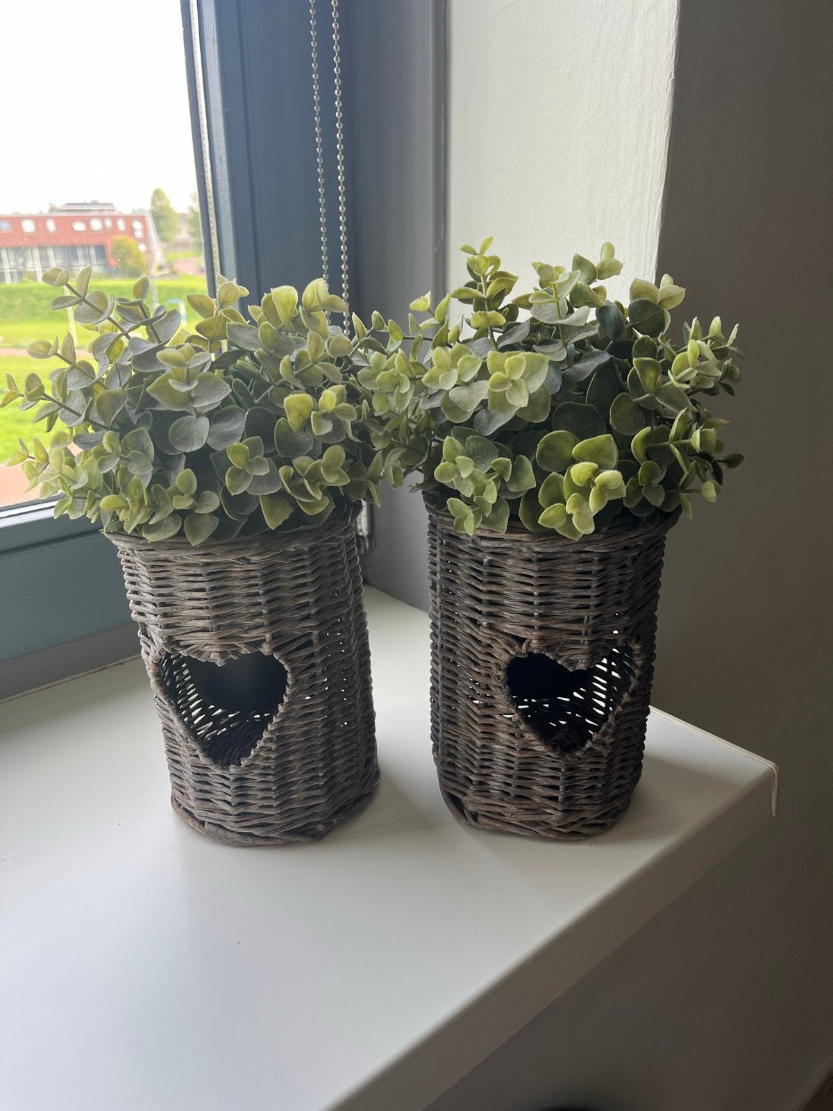 Set van 2 rieten potten met hartjes en kunstplanten, Ophalen, Natuurlijk materiaal, Bruin, Landelijk