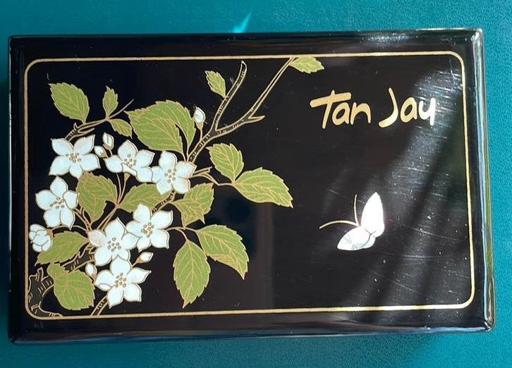Vintage tissuedoos voor handtas -Tan Jay- lakwerk jaren ‘70, Ophalen of Verzenden, Gebruikt