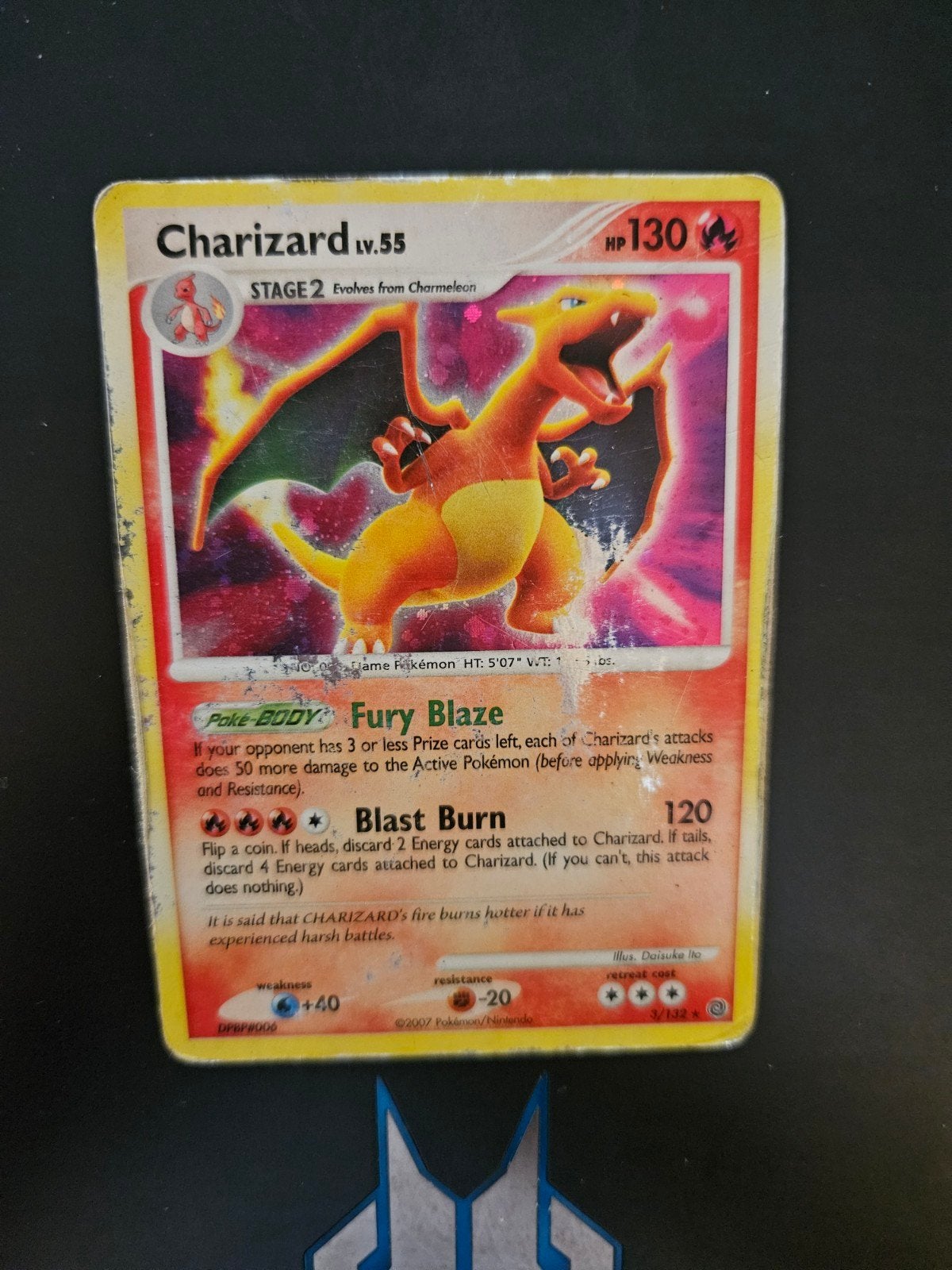 Charizard Holo (Beschadigd) 3/132, Ophalen of Verzenden, Gebruikt, Losse kaart, Foil