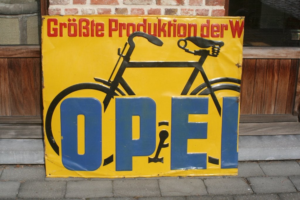 Blikken / ijzeren plaat opel fietsen (jaren 20/30), Verzamelen, Ophalen, Gebruikt, Reclamebord