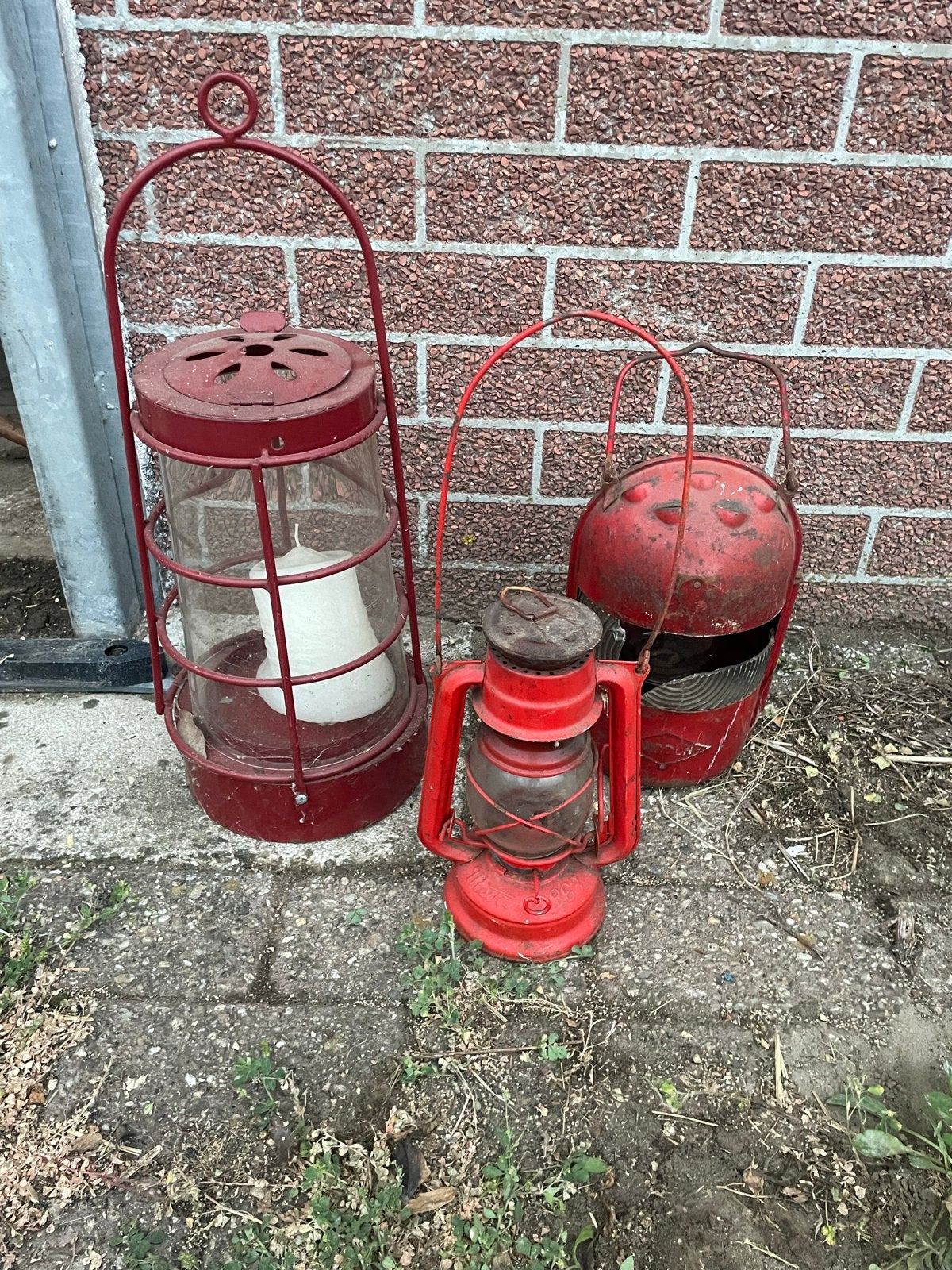 Set van 3 vintage rode lantaarns olielamp windlicht, Ophalen of Verzenden