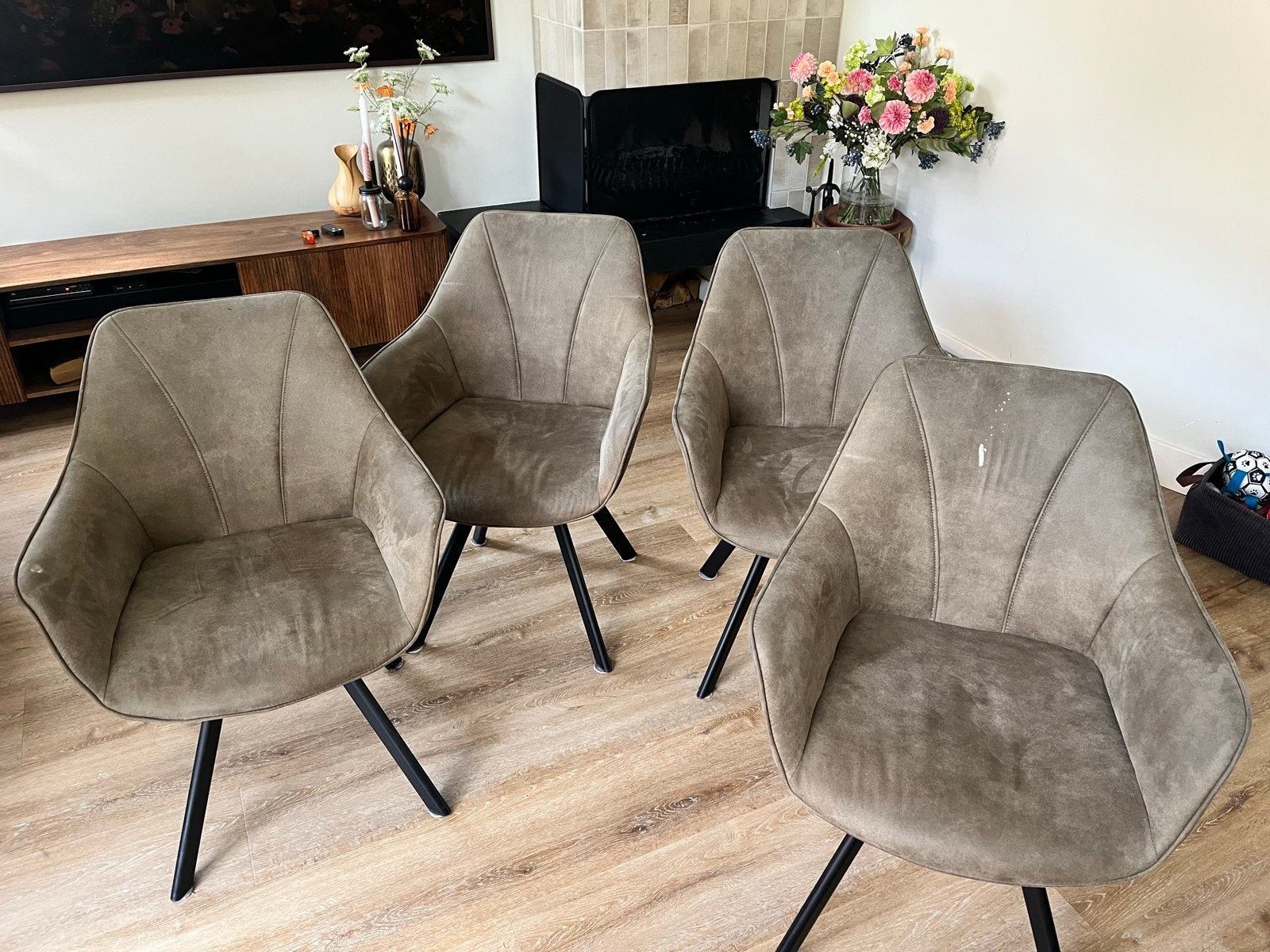 Set van 4 gebruikte eetkamerstoelen, donker groen stof, Huis en Inrichting, Stoelen, Ophalen, Gebruikt, Overige kleuren, Vier