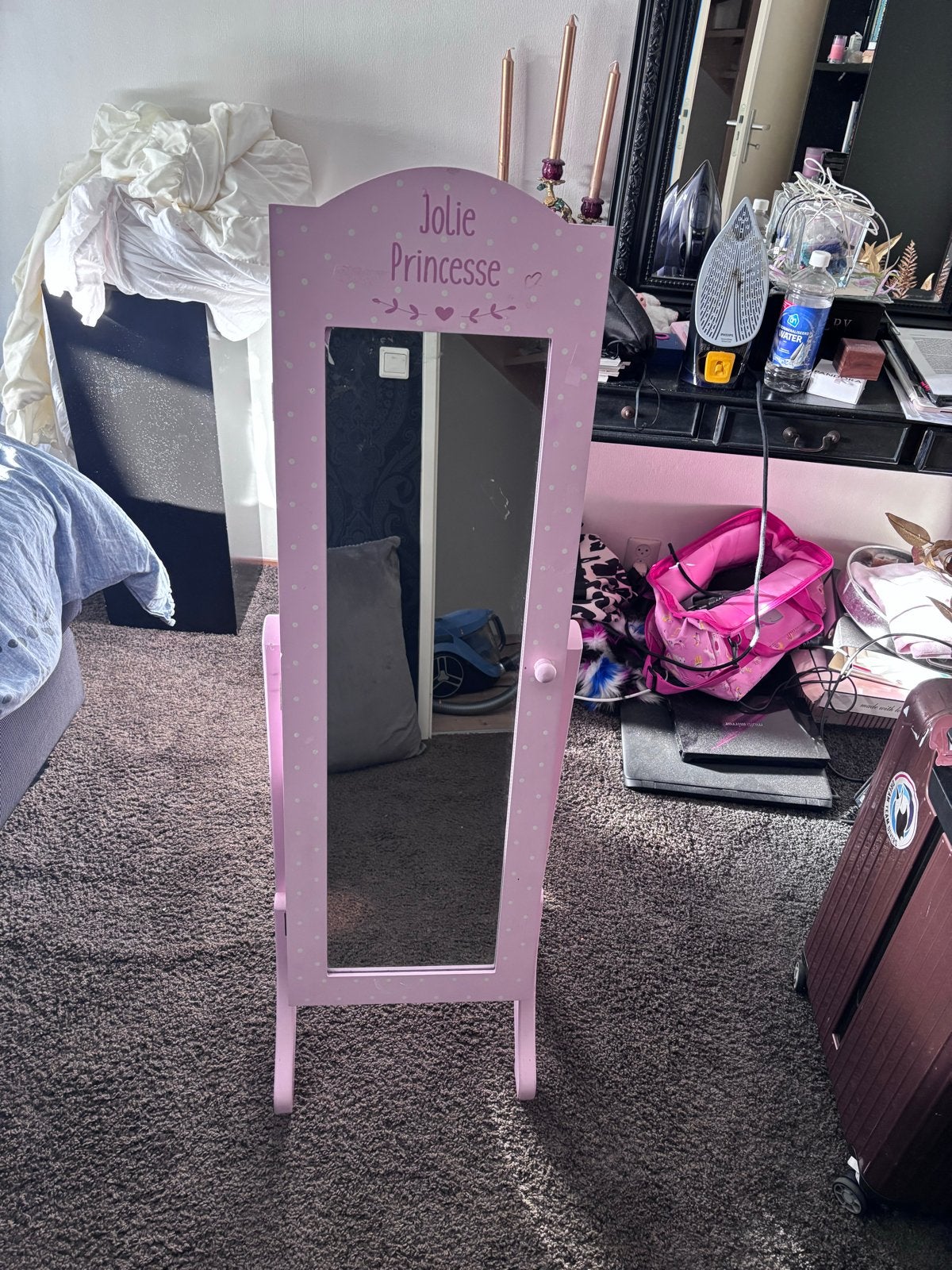 Roze spiegel met sieradenkastje 'Jolie Princesse', Ophalen, Minder dan 50 cm, Gebruikt, 100 tot 150 cm