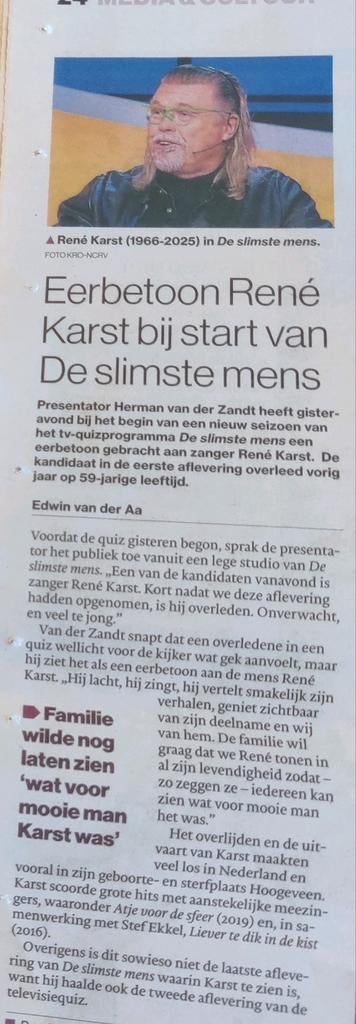 Eerbetoon René Karst bij start De slimste mens. Krantart., Ophalen of Verzenden, 1980 tot heden, Nederland, Knipsel(s)