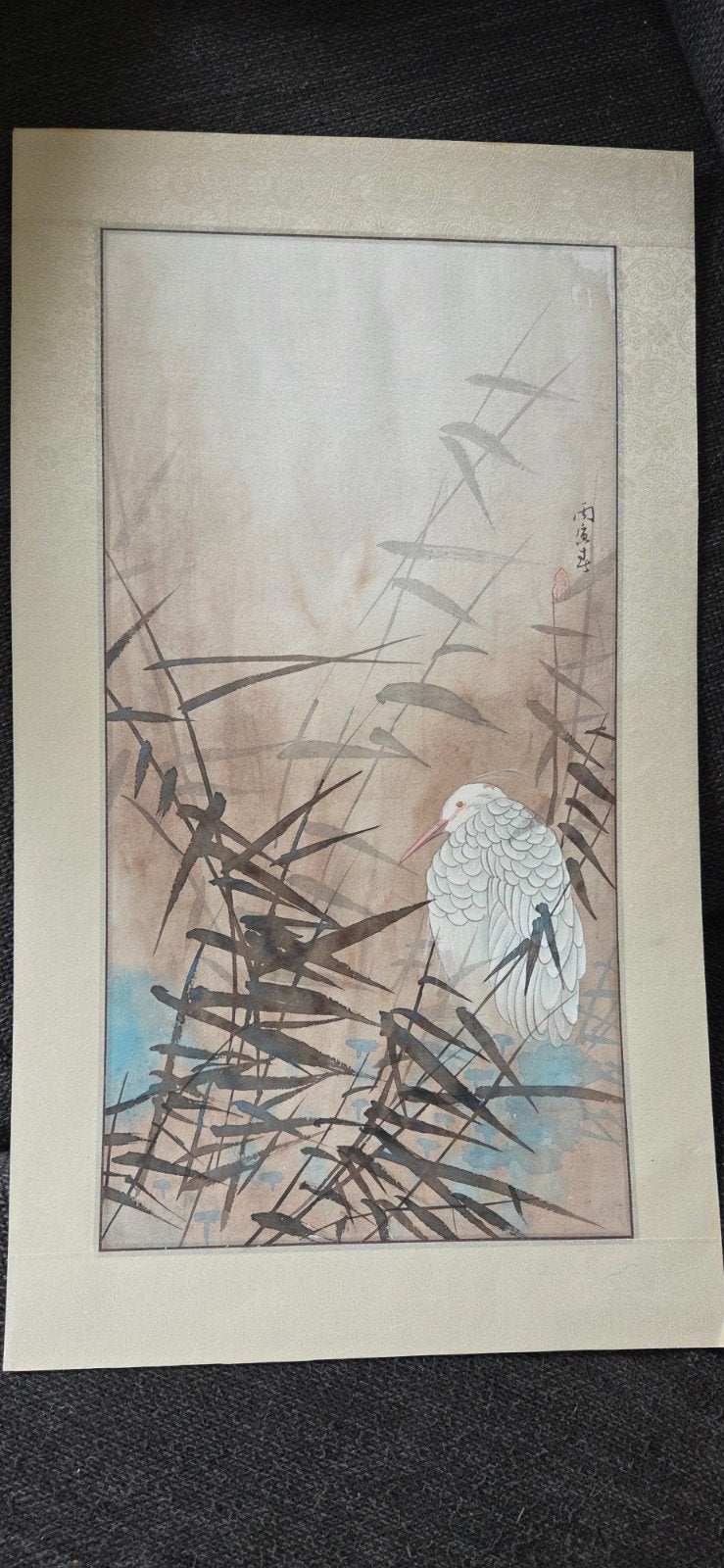 Hua Yan Aquarel - Reiger in Riet (60x34,5 cm), Antiek en Kunst, Ophalen, Gemerkt, China, Meerkleurig
