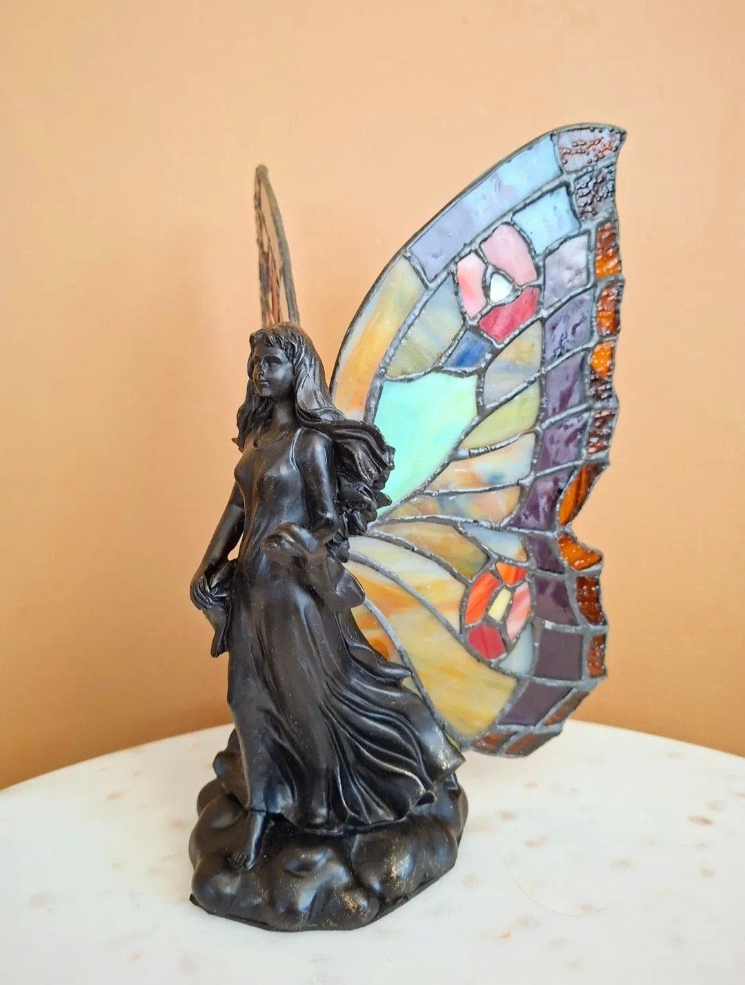 Tiffany sierlampje engel met glazen vleugels, Antiek en Kunst, Antiek | Lampen, Ophalen of Verzenden
