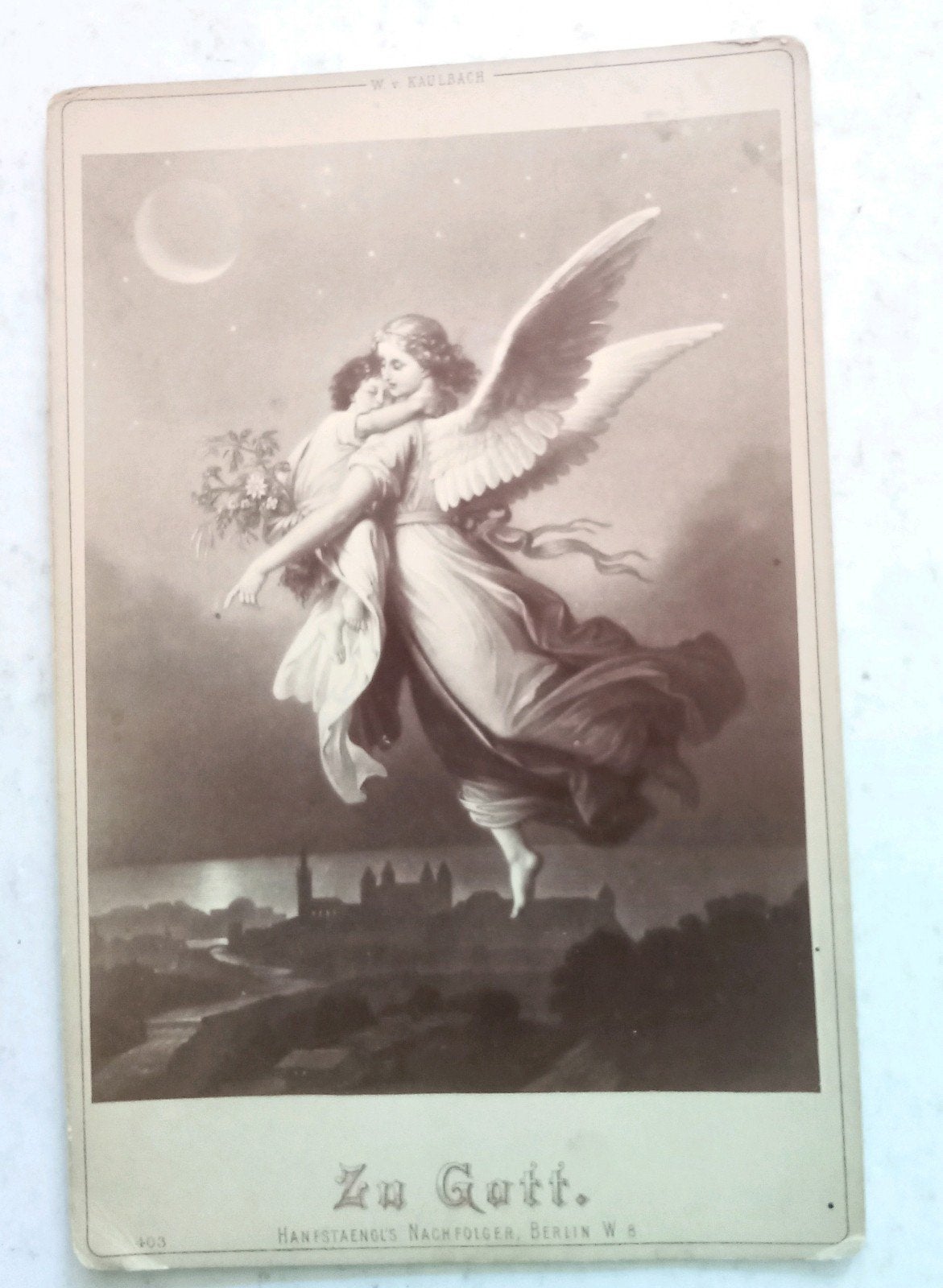 Antieke foto engel met bloemen, 'Zu Gott',, Ophalen of Verzenden, Voor 1940, Gebruikt