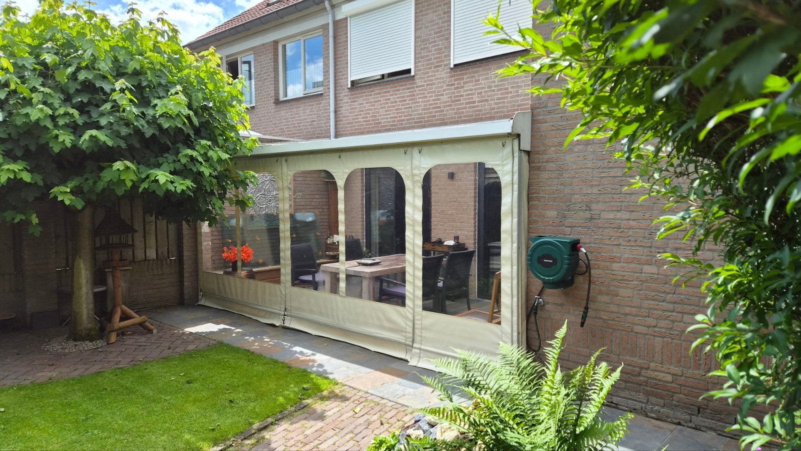 Terrasscherm / Verandazeil - Beige, 450 cm breed, Gebruikt, 450 cm of meer, Ophalen of Verzenden, 150 tot 300 cm