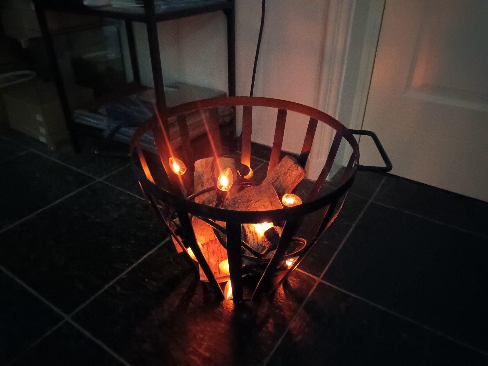 Vuurkorf korf met lichtjes verlichting hout zwart buiten, Ophalen, Gebruikt, Vuurkorf