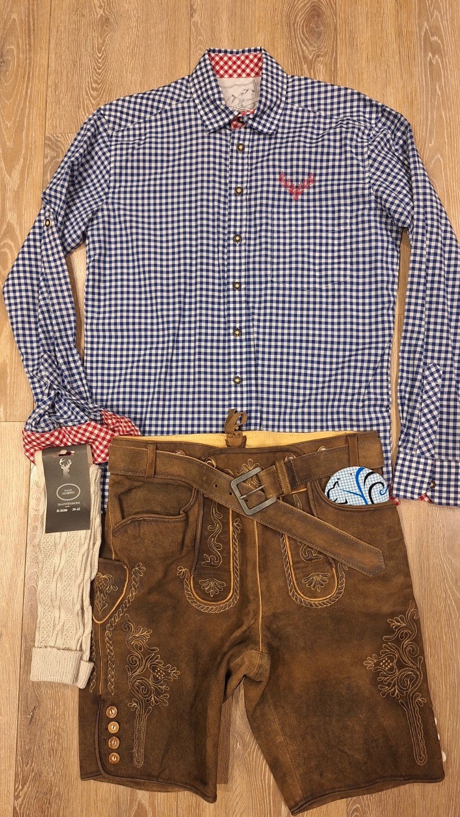 Wildbock lederhose 48 overhemd kousen oktoberfeest, Maat 48/50 (M), Marjo Trachten, Ophalen of Verzenden, Overige thema's