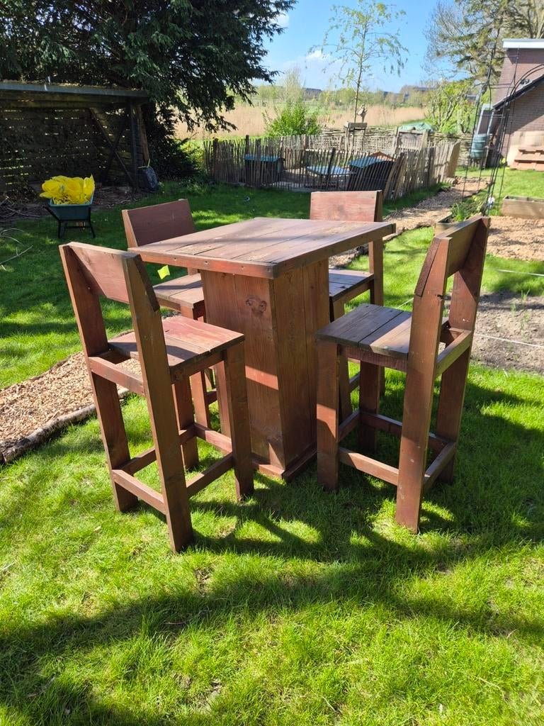 Houten bartafel met 4 krukken, Ophalen, Gebruikt, Hout, 60 tot 90 cm