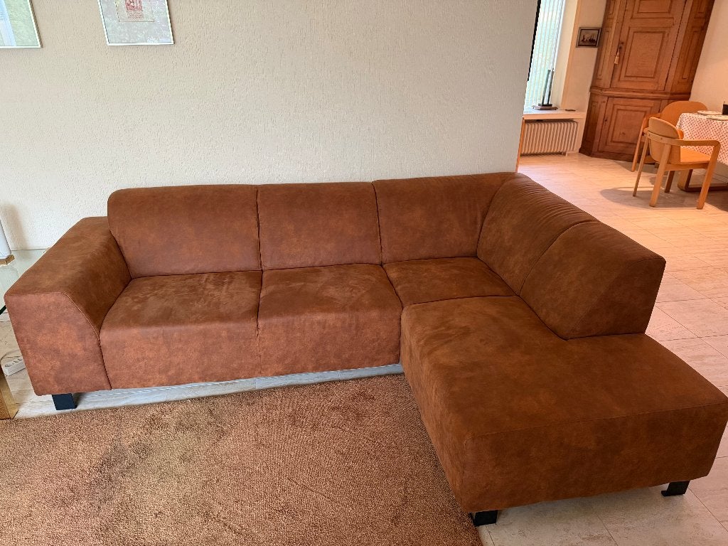 Cognac hoekbank met chaise longue, Huis en Inrichting, Ophalen, 150 tot 200 cm, 75 tot 100 cm, Zo goed als nieuw