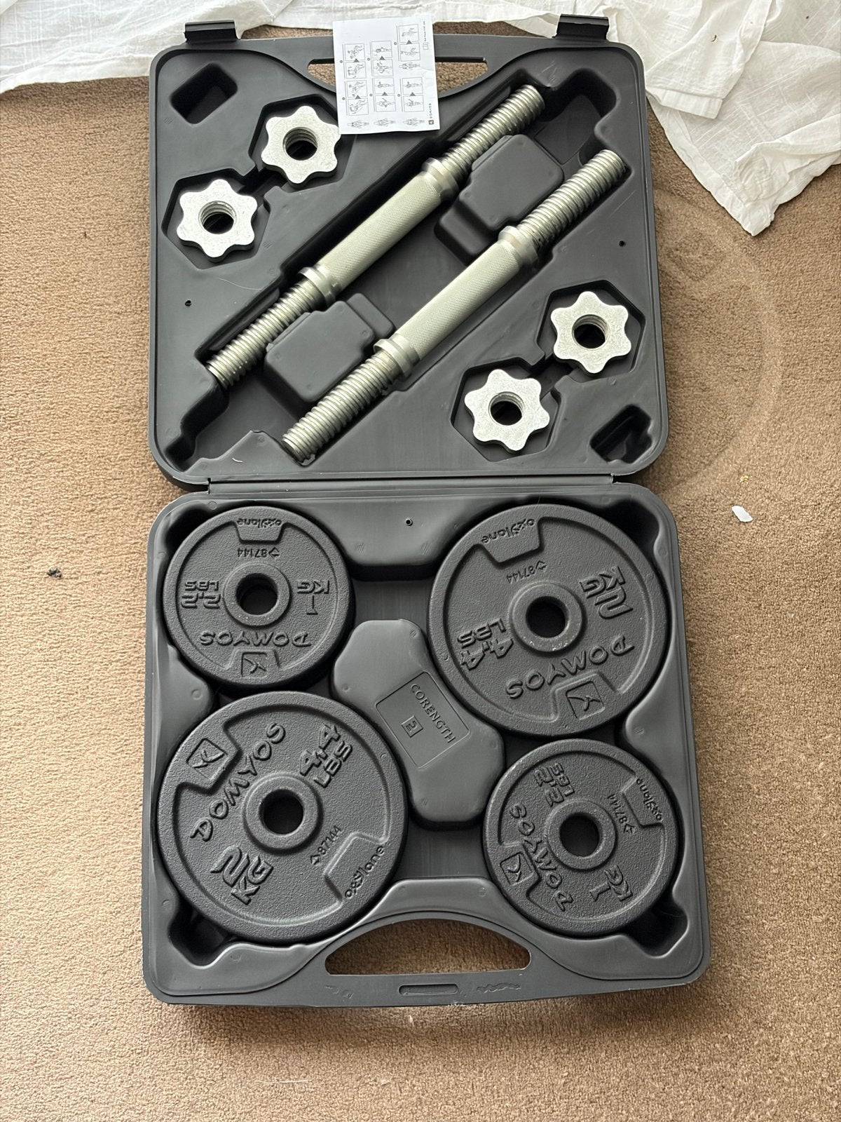 Complete Domyos Halterset met EZ-stang en bankje (100kg), Ophalen of Verzenden, Gebruikt, Armen, Halterset