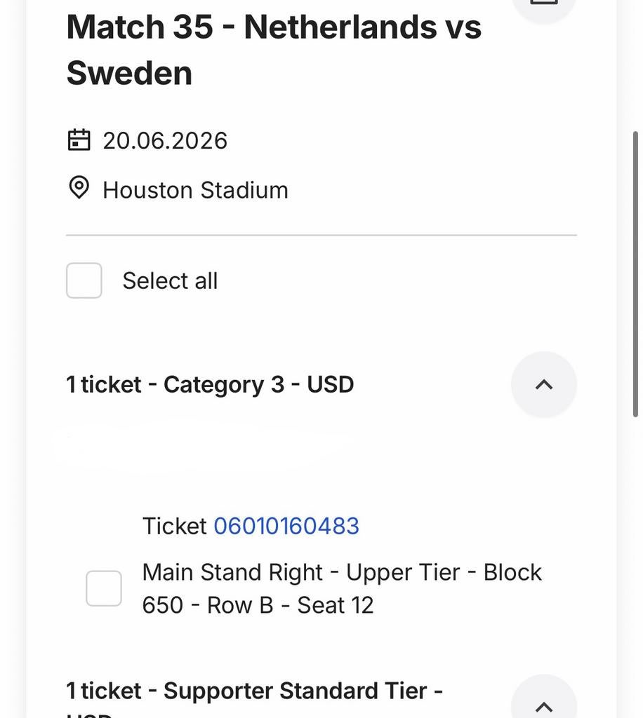 Ticket Nederland - Zweden WK 2026 20 juni Houston, Tickets en Kaartjes, Losse kaart, Eén persoon, Juni, Buitenland