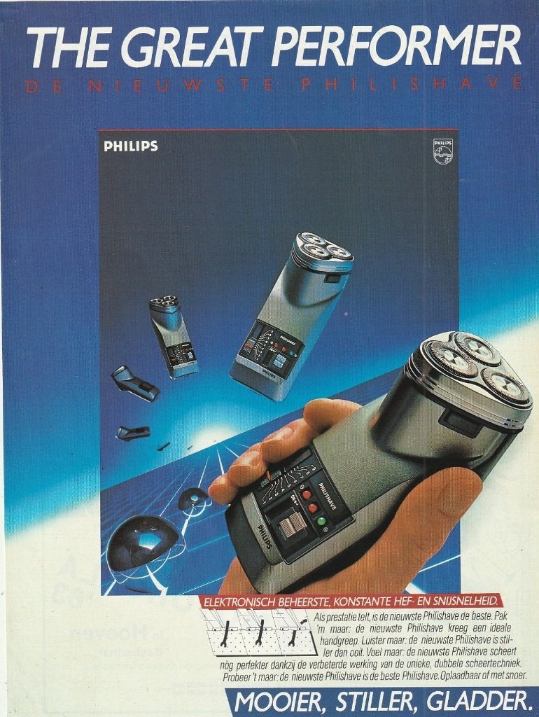Retro reclame 1983 Philips scheerapparaat stiller gladder, Verzenden, Overige typen