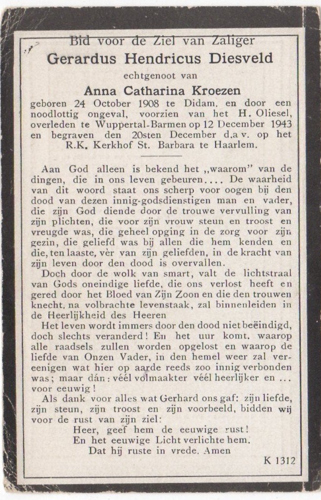 Gerardus H. Diesveld 1908 Didam + 1943 Wuppertal/Haarlem, Ophalen of Verzenden